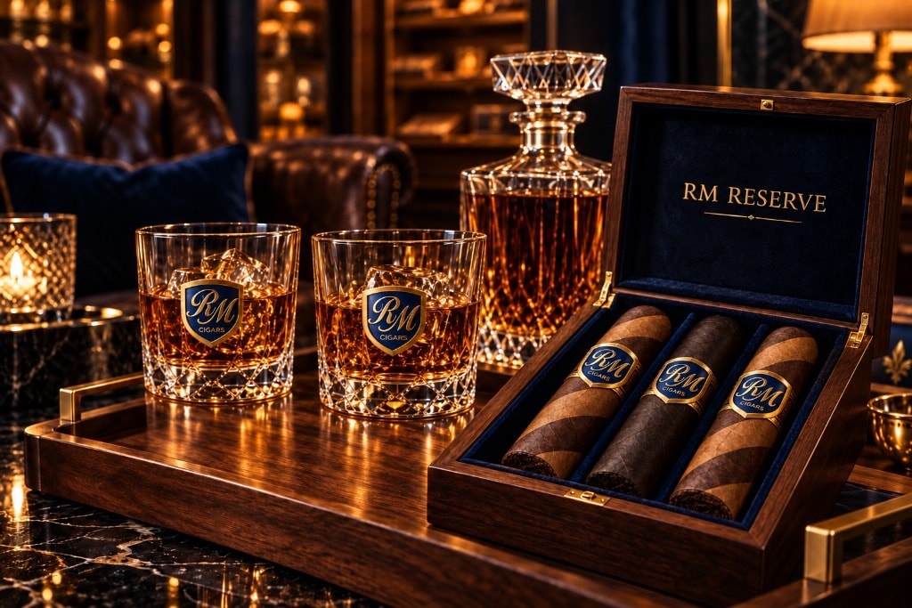 RM Reserve exclusive cigar lounge — RM branded cigars and whiskey on a luxury tray