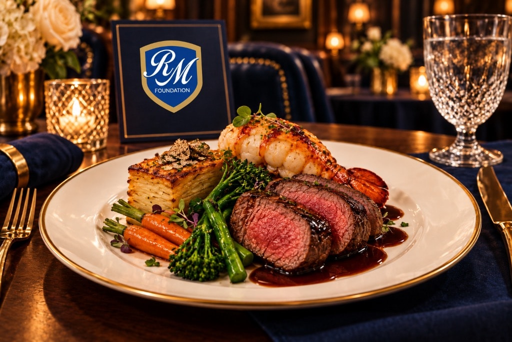 RM Reserve gourmet dinner — surf and turf plated course with RM Foundation branding