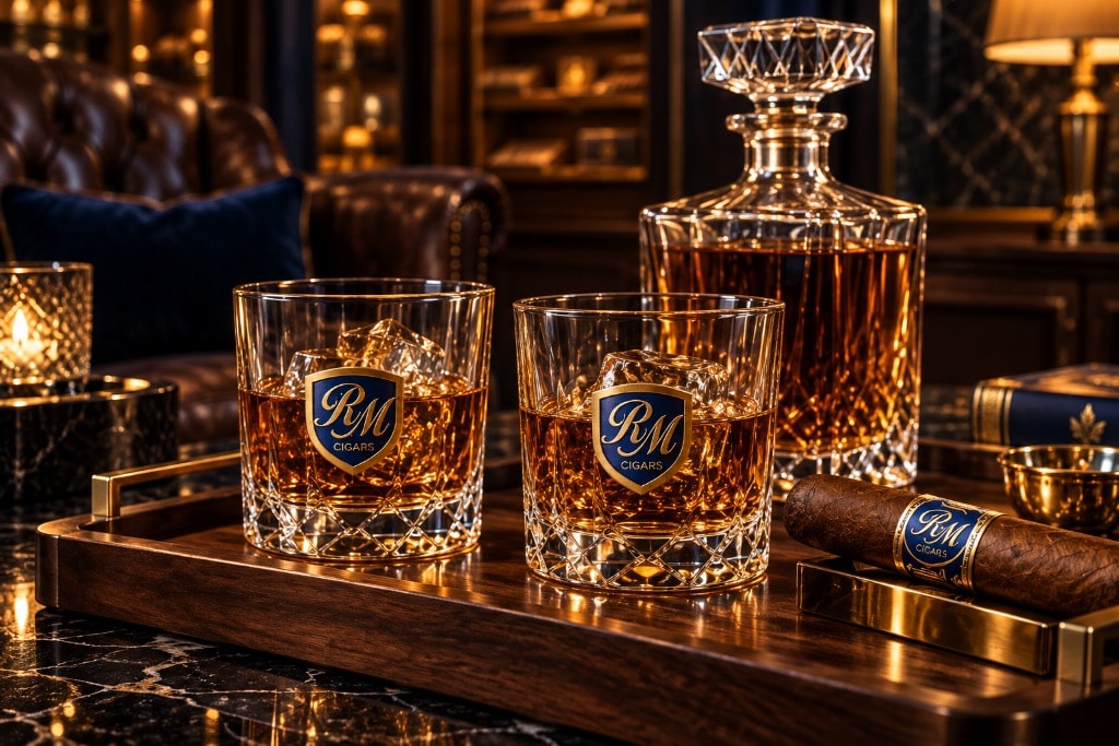 RM Cigars branded crystal glassware and premium spirits